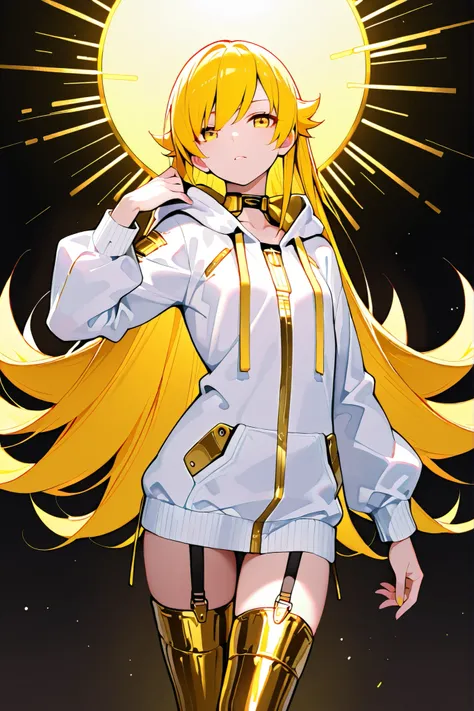 Anime, Girl, (((1girl))), (((Waifu, Oshino Shinobu Waifu))), (((Vivid Yellow Hair, Long Hair))), ((Golden Yellow Eyes eyes, Detailed Eyes)), (Detailed Body, Detailed Face, Slim Face), Human Ears, Dramatic Pose, [(((Gold and White Color Scheme))), Garterbel...