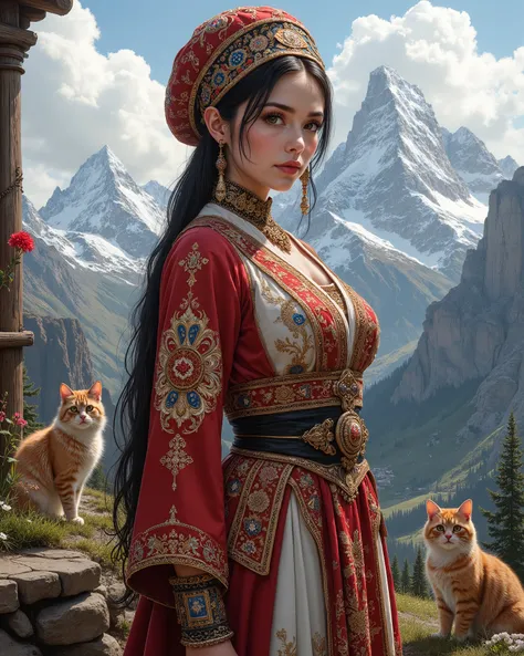 A beautiful Russian woman donning a traditional Caucasian costume and stands in a top of Caucasian Mountains, intricate scene, cats, objects and other characters, drawn digitally by color comic master Don Lawrence, award winning professional masterpiece Il...
