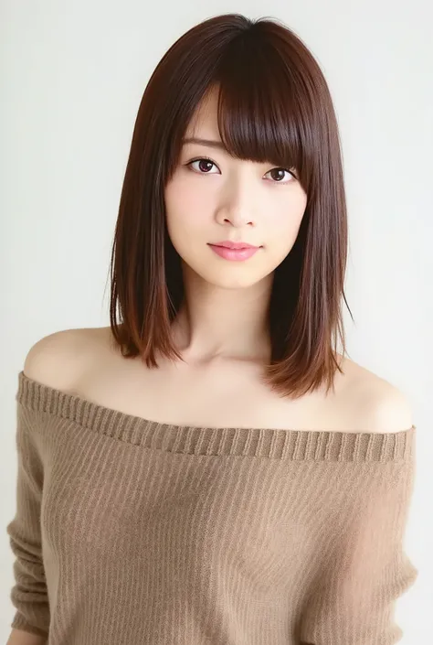((best quality)), ((masterpiece)), ( details), 1 girl, off-shoulder sweater, ((manicured black hair))、((Both shoulders are visible))、((Beautiful Collarbone))、side angle、She looks at the camera、((Head to shoulder ups)),((Wearing unframed round glasses ))