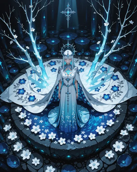 White long straight hair, elaborate silver headpiece, intricate blue and white floral outfit, long flowing cape adorned with blue floral patterns, elegant and regal pose, both arms extended holding branches with glowing white flowers, standing confidently,...