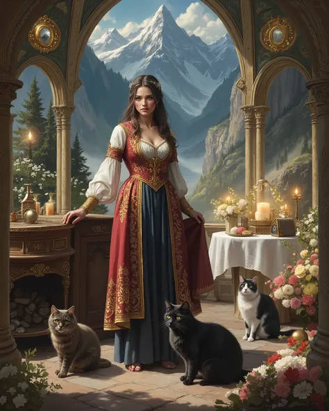 A beautiful Russian woman donning a traditional Caucasian costume and stands in a top of Caucasian Mountains, intricate scene, cats, objects and other characters, drawn digitally by color comic master Don Lawrence, award winning professional masterpiece Il...