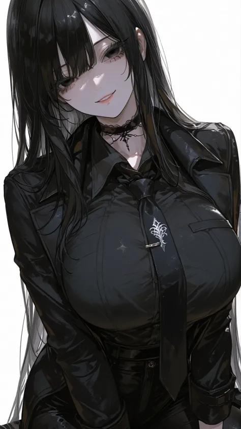 solo , black coat, single , 1girl, single , very long hair , black eyes , black hair , empty gaze , bangs, long hair , smile, large Breasts , parted lips , looking at viewer, colored eyelashes, black eyelashes, long eyelashes , albino , black shirt , black...