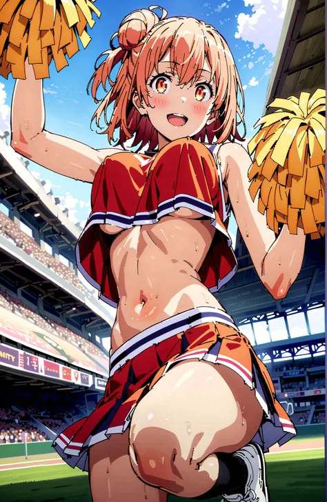 Yuigahama Yui , solo,short hair, brown eyes, Picnic, hair bun, single hair bun,smile,blush,and open the mouth,Big Breasts,under boob,(cheerleading), (full body), Glowing Skin, on chest, (sweated), sweated Wet Clothes, (Red clothing),sleeveless, pleated sk...