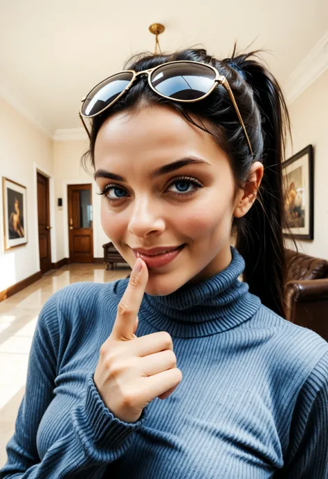 masterpiece, best quality, extremely detailed, hyperrealistic, photorealistic, a cool 20s russian model, ultra detailed face, sunglasses on head, dark blue turtle neck sweater, lower ponytail, black hair, busty breasts, detailed lobby, in the morning, sedu...
