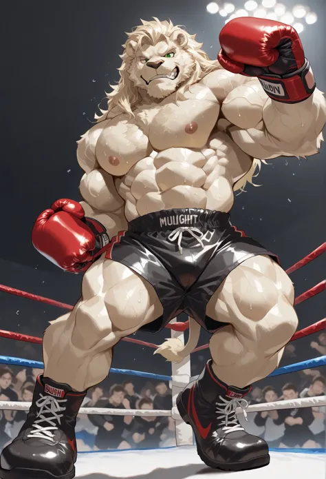 4K, masterpiece quality, pov_boxing, Looking down on the losers with brutal triumph, black boxing shoes, red boxing gloves, black boxing trunks with gold side lines, full body, depth of field, boxing, dynamic pose, fighting pose, boxing ring background at ...