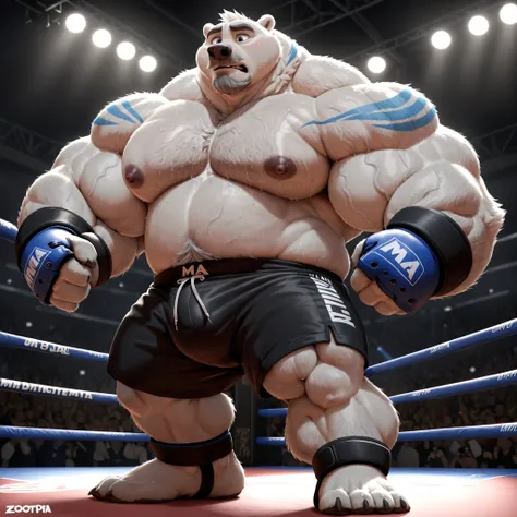 huge muscular polar bear in fighting arena, big bulk jabs, grunting noise, polar bear, huge white fur, thick arm, huge arm, added gray mustache, added gray beard, Short white hair, weight: 424lbs, (veiny muscular, veiny pectoral, wide pectoral, broad pecs,...