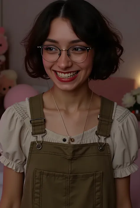 beautiful detailed photograph with , girl, pale skin, black brown short curly perm hair, a lock of curly hair, wearing an olive brown mechanical overall very dirty, standing in a dark dirty cover in spiderweb haunted 19 century living room of a mantion, c...