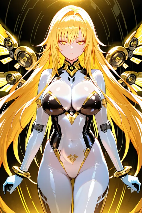 Anime, Girl, (((1girl))), (((Waifu, Kiss-Shot Acerola Orion Heart Under Blade Waifu))), (((Vivid Yellow Hair, Long Hair))), ((Golden Yellow Eyes, Detailed Eyes, Symmetrical Eyes)), (Detailed Body, Detailed Face), Slim Face, Idol Pose, [(((Gold and White Co...