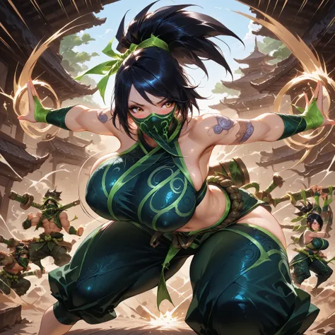Akali from League of Legends, black hair, She's in a sexy battle pose,  huge breasts bouncing off , thick thighs, busty body, gordo, embarrassed expression, dynamic composition,  Upper Angle 