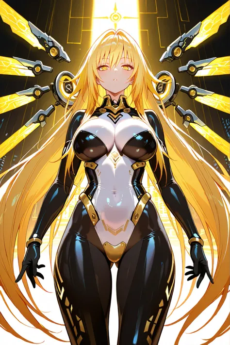 Anime, Girl, (((1girl))), (((Waifu, Kiss-Shot Acerola Orion Heart Under Blade Waifu))), (((Vivid Yellow Hair, Long Hair))), ((Golden Yellow Eyes, Detailed Eyes, Symmetrical Eyes)), (Detailed Body, Detailed Face), Slim Face, Idol Pose, [(((Gold and White Co...