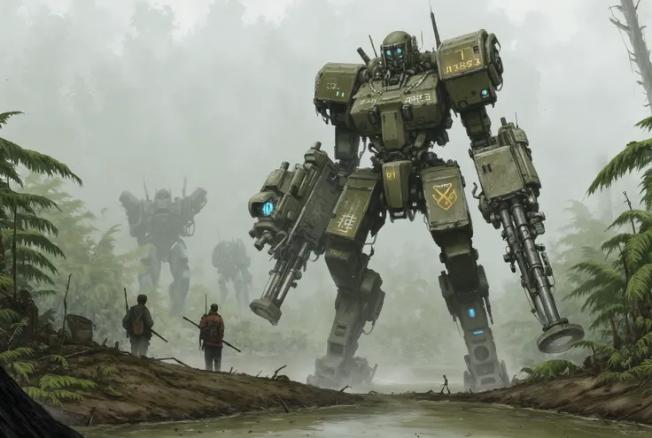 EPIC HEROIC ACTION SCENE. (Digital illustration, cinematic side-shot, ultra-realistic, foggy post-apocalyptic landscape), (scattered Golden runes and cybernectic line decorate, Grimmdark, darktale, machanical)
Side view, dutch angle, the Vanguard-class Tit...