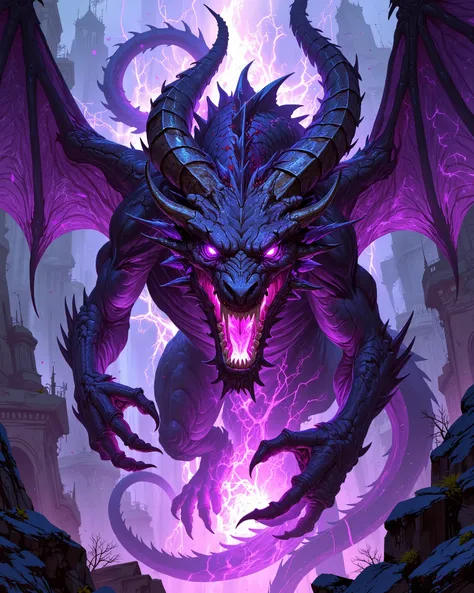 dragon. Violet energy. evil energy. detailed eyes. deep eyes. detailed body. Voando. Slightly transparent body bones