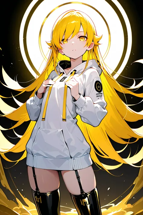 Anime, Girl, (((1girl))), (((Waifu, Oshino Shinobu Waifu))), (((Vivid Yellow Hair, Long Hair))), ((Golden Yellow Eyes eyes, Detailed Eyes)), (Detailed Body, Detailed Face, Slim Face), Human Ears, Dramatic Pose, [(((Gold and White Color Scheme))), Garterbel...