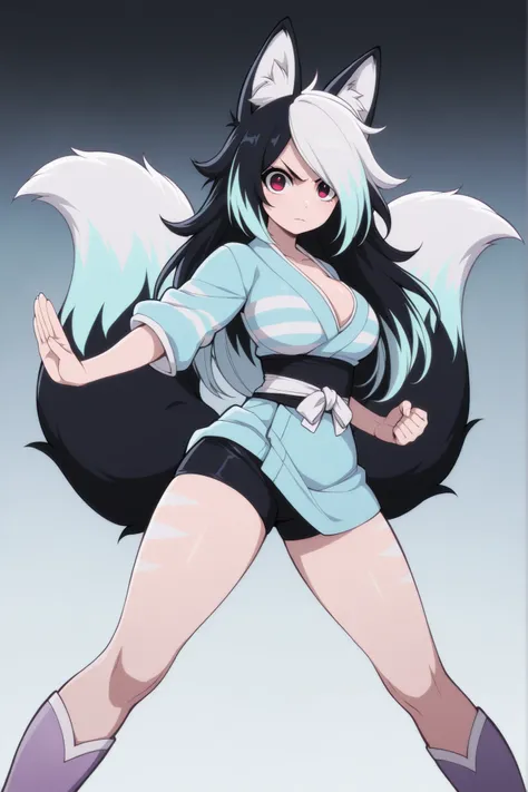 woman, 1girl, long black hair with white stripes, multiple white hair streaks, multiple light blue hair streaks, white stripes, light blue stripes, light blue hair, white hair, black fox ears, nine fully black fox tails, big breasts, scarlet eyes, fair ski...