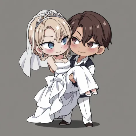 1 boy and 1 girl, 1 boy, straight, brown eyes, couple, dark haired boy, , wavy brown hair, 1 girl,Kurashiki Reika, A girl, solo, blonde hair, short hair, braided hair, blue eyes, hairl clip, cute, princess carry, happy, blushing, high quality, masterpiece,...