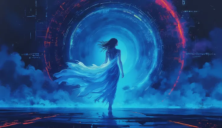 A futuristic woman walking through glowing computer circuits, her flowing illuminated dress casting soft light in a dark digital space. The scene is painted in deep shades of Lapis Lazuli, Oxford Blue, and Turquoise, with swirling data, equations, and comm...