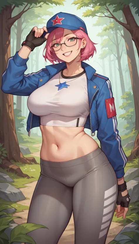 1 girl, (masterpiece), (best quality), standing, (solo), looking at viewer, high detailed,extremely detailed, fine eyes, smile,dynamic pose, short pink hair,cap,crop top, jacket,fingerless glove,curvy,forest,glasses,(gray leggings),(portrait:1.2),
