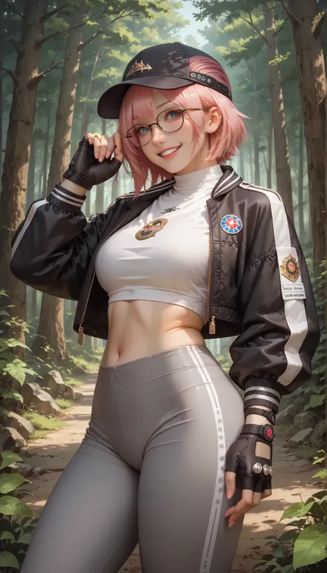 1 girl, (masterpiece), (best quality), standing, (solo), looking at viewer, high detailed,extremely detailed, fine eyes, smile,dynamic pose, short pink hair,cap,crop top, jacket,fingerless glove,curvy,forest,glasses,(gray leggings),(portrait:1.2),
