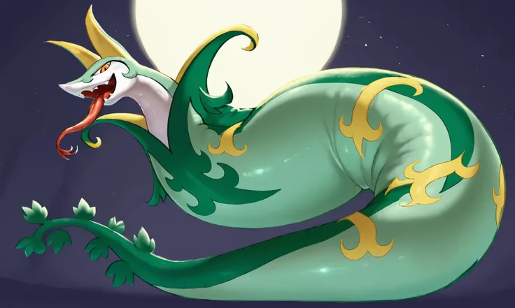 serperior, WnSrpr, 1boy, solo, detailed eyes, evil grin, open mouth, long snake tongue out, looking at viewer, heavy weight massive, long thick body, long tail, no legs, glossy skin, bright lighting, full body, from below, from behind