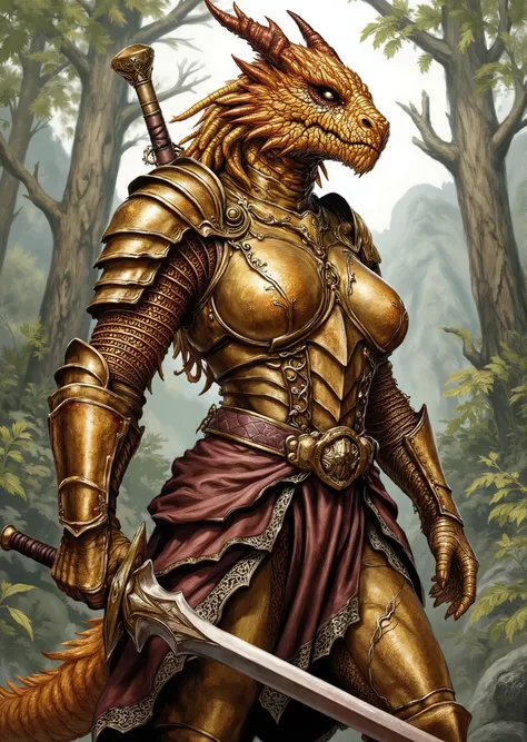 An extremely detailed comic book illustration of an extremely curvaceous Metallic Gold Dragonborn from Dungeons and Dragons which look like wingless bipedal dragons scaly bright-eyed and thick-boned with horns on their heads with a gold coloration trained ...