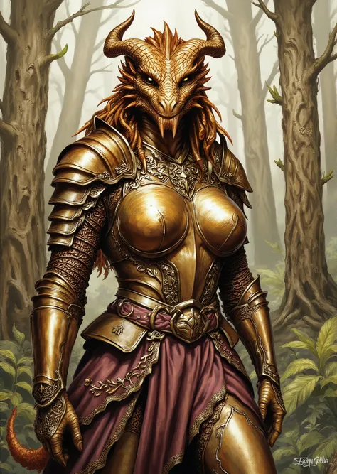 An extremely detailed comic book illustration of an extremely curvaceous Metallic Gold Dragonborn from Dungeons and Dragons which look like wingless bipedal dragons scaly bright-eyed and thick-boned with horns on their heads with a gold coloration trained ...