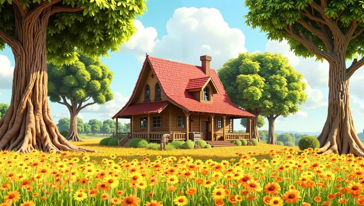 a rustic house with a red roof. surrounded by impressive trees that show the roots and that are of the type of oak, in the middle of a cultivated field and surrounded by large multicole flowers, of an extraordinary view that is Disney Pixar style in 3D.