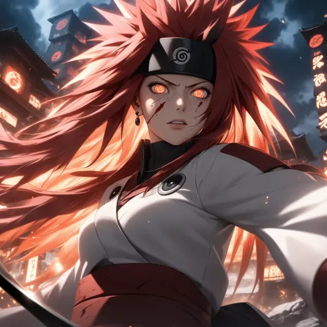  ((extreme quality)), ((Masterpiece)), (( Enrich the picture, Masterpiece level quality)), red hair , Mid-length Layers hair, medium breasts , madara eyes , fierce woman , extreme eyes details, raw 4k, perfect proportions , extreme hair detailed, extreme c...