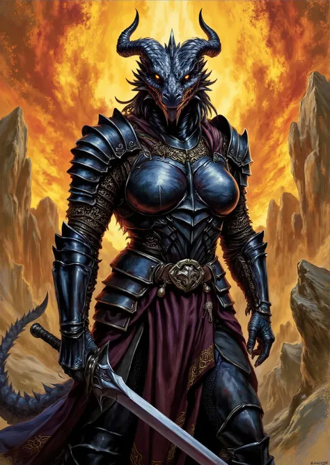 An extremely detailed comic book illustration of an extremely curvaceous Chromatic Black Dragonborn from Dungeons and Dragons which look like wingless bipedal dragons scaly bright-eyed and thick-boned with horns on their heads with a black coloration train...