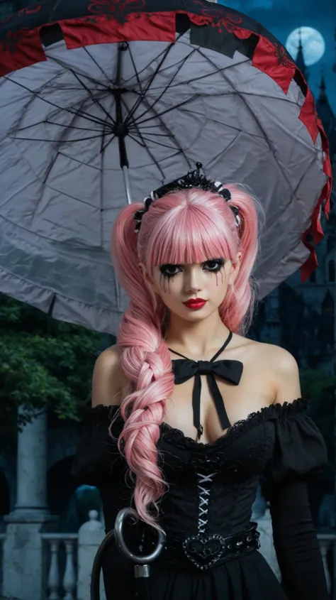 Girl, alone, realistic style, fantasy anime fashion, slim build, very long pink hair with thick straight bangs combed to one side, soft confident expression, two pigtails, large expressive eyes with long curly eyelashes, gothic makeup with bright red lipst...