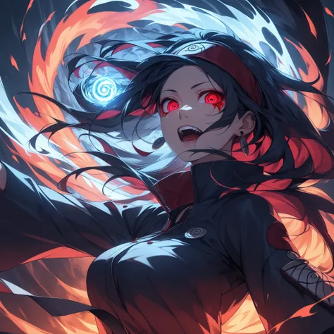  ((extreme quality)), ((Masterpiece)), (( Enrich the picture, Masterpiece level quality)), red hair , Mid-length Layers hair, medium breasts , madara eyes , fierce woman , extreme eyes details, raw 4k, perfect proportions , extreme hair detailed, extreme c...