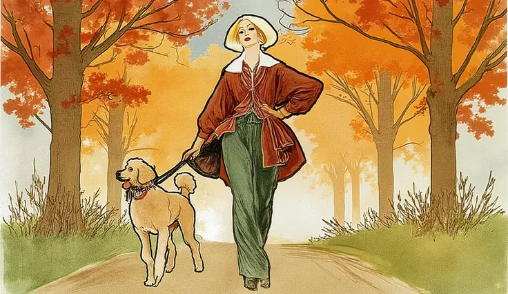 fashion sketch, Style karl Lagerfeld, acrylic, a girl with bob hair, casual cloths, walking in the park with a poodle dog, palette of color Rusty Red, Antique Ruby, Dark Green, Midnight Green (Eagle Green), Tart Orange, fashion sketch, flat design. Styl...