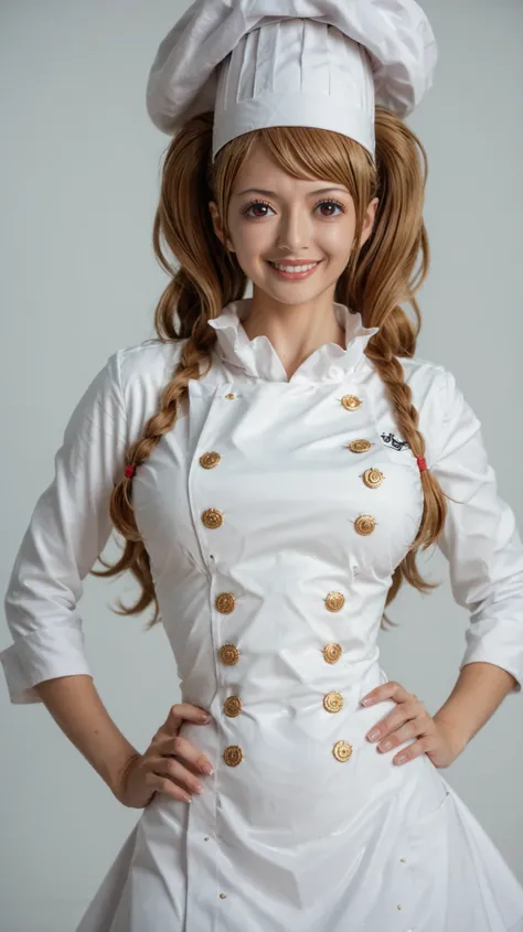 score_9, score_8_up, score_7_up, source_anime, solo, 1girl, Charlotte Pudding, light brown hair, pigtails, lips, brown eyes, chef outfit, chef hat, Two eyes, smile, half body, looking at viewer, hands on hips, standing, white background, Asian, beautiful (...