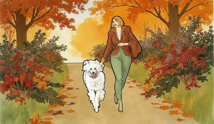 acrylic, a girl with bob hair, casual cloths, walking in the park with a poodle dog, palette of color Rusty Red, Antique Ruby, Dark Green, Midnight Green (Eagle Green), Tart Orange