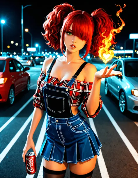 masterpiece, absurdres, best quality, newest, ambient lighting, very aesthetic, ultrahd, high contrast, realistic, Detailed hand, Hand, Perfect hand, (Holding a flaming large coca-cola drinking can :1,4) 1girl, solo, breasts, looking at viewer, red_hair, h...