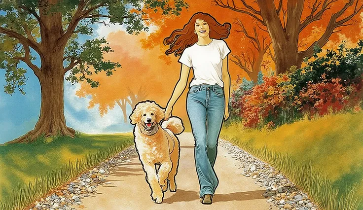acrylic, a girl with long hair, jeans and t-shirt, walking in the park with a poodle dog, palette of color Lapis Lazuli, Oxford Blue, Turquoise, Raw Sienna, Brown (Crayola)