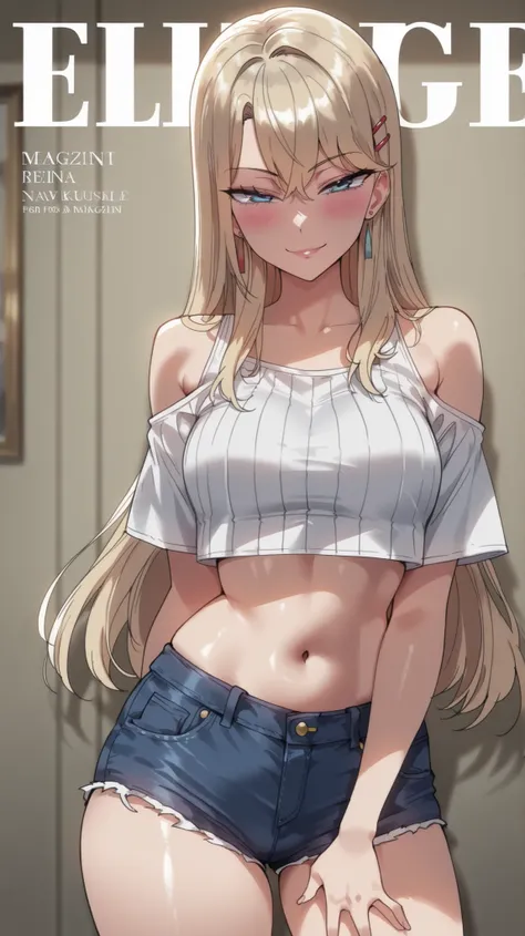 1 girl, reina kurashiki, blonde hair, long hair, smiling, slight smile blushing, looking at viewer, masterpiece, best quality, high quality, seductive smile, blue eyes, tight crop top, revealing the abdomen, white with light gray vertical stripes, bare sho...
