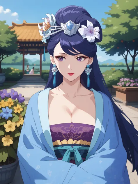best quality, masterpiece,watching viewers,Pear Blossom,Every Single Person at the Drugstore,long hair, purple eyes, purple hair, flower, earrings, hair flower, make up, lipstick,Chest,  jewelry, Chinese clothing, Hanfu,Outdoors, harem,garden, bend your ba...