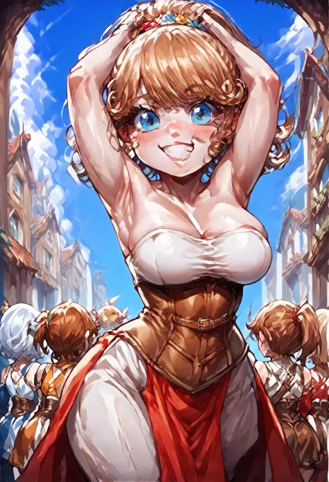 This image features a confident female warrior with red, curly hair styled in a loose ponytail adorned with hair accessories. She is wearing ornate armor with intricate designs, including silver and brown hues. Her attire consists of a white and blue strap...