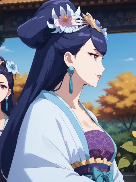best quality, masterpiece,watching viewers,profile,Pear Blossom,Every Single Person at the Drugstore,long hair, purple eyes, purple hair, flower, earrings, hair flower, make up, lipstick,Chest,  jewelry, Chinese clothing, Hanfu,Outdoors, harem,garden, bend...