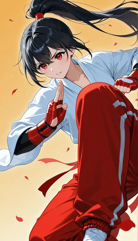 Hanfu、martial artist、Boxing、black hair、long ponytail、clothes with leg slits、maturity、China、traditional martial arts、Master