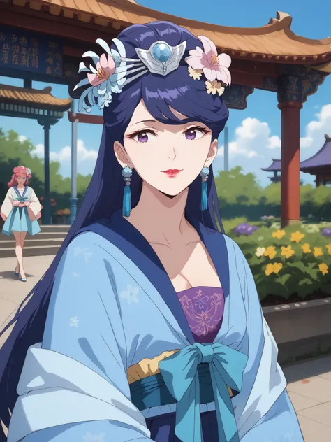 best quality, masterpiece,watching viewers,,Pear Blossom,Every Single Person at the Drugstore,Sailor Suit,long hair, purple eyes, purple hair, flower, earrings, hair flower, make up, lipstick,Chest,  jewelry, Outdoors, harem,garden, smile, Dutch Angle, cow...