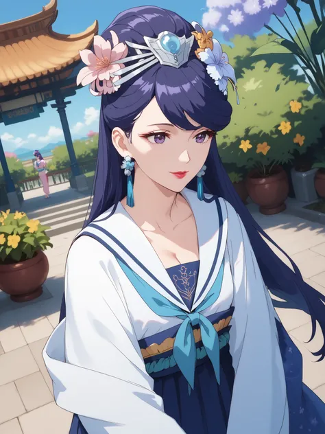 best quality, masterpiece,(watching viewers),,Pear Blossom,Apothecary,((Sailor Suit,))long hair, purple eyes, purple hair, flower, earrings, hair flower, make up, lipstick,Chest,  jewelry, Outdoors, harem,garden, smile, Dutch Angle, cowboy shot