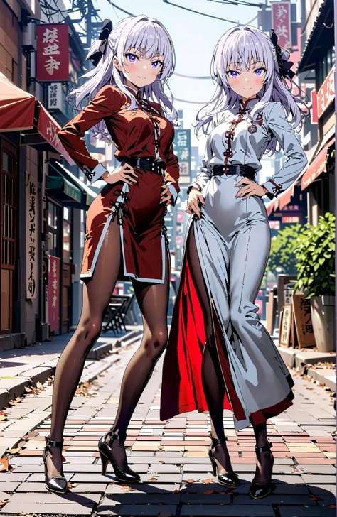 score_9, score_8_up, score_7_up, source_anime,
 Alice Sakayanagi  , 
 Sakayanagi Alice, long hair, bungs, PURPLE EYES, white hair, blunt bungs,White Chinese clothing,long slit,black pantyhose,pin heels,standing,Grab your hips with your right hand,smile,blu...