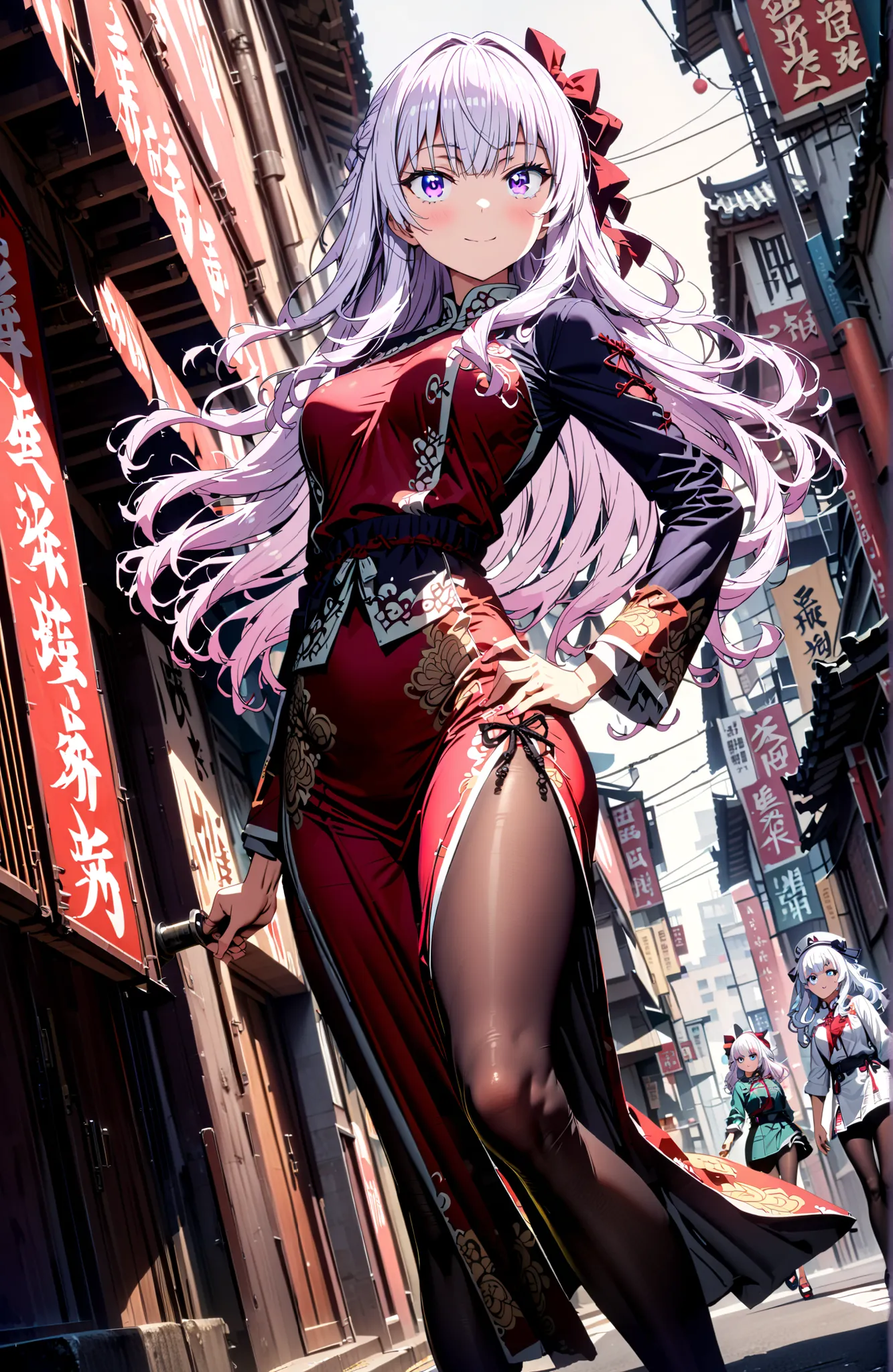  Sakayanagi Alice, long hair, solo,bungs, PURPLE EYES, white hair, blunt bungs,White Chinese clothing,long slit,black pantyhose,pin heels,standing,Grab your hips with your right hand,smile,blush,mouth,angle from below,full bodyがイラストに入るように,in their 40s look...