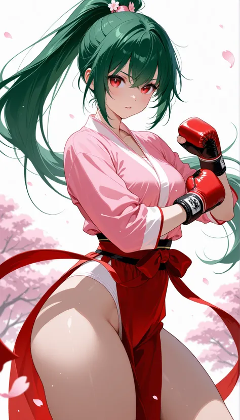 Hanfu with slits(Cherry Blossom)、martial artist、Boxing、green hair、long ponytail、maturity、thighs、China、traditional martial arts、Master
