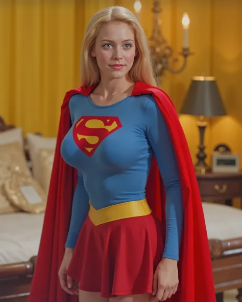 Voluptuous blonde SUPERGIRL with big BLUE EYES. She is draped in a majestic red satin cape. She wears a royal blue spandex top with long sleeves. Large and prominent 'S' emblem. She wears a pointed yellow waistband with flowing red satin skater skirt. She ...