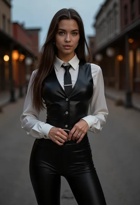 Full body beautiful sexy sensual bombshell sheriff 18 years old black long straight hair, black eyes, big breasts, wide, athletic shoulders, slim waist, long shapely legs, detailed hands, perfect eyes black leather vest, white silk shirt, black leather ti...
