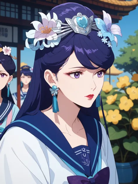 best quality, masterpiece,(watching viewers),,Pear Blossom,Every Single Person at the Drugstore,((((Sailor Suit)))),long hair, purple eyes, purple hair, flower, earrings, hair flower, lipstick,