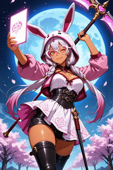 high fantasy anime digital illustration (mix of ArtStation, Shin Impact and League of Legends), Ultra HD 8K, vibrant colors, lighting volumetric light effects and hyperrealistic details, set in a futuristic floating glass city under a giant blue moon, with...