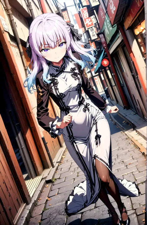  Sakayanagi Alice, long hair, solo,bungs, PURPLE EYES, white hair, blunt bungs,White Chinese clothing,long slit,black pantyhose,pin heels,standing,Grab your hips with your right hand,smile,blush,mouth,angle from below,full bodyがイラストに入るように,in their 40s look...